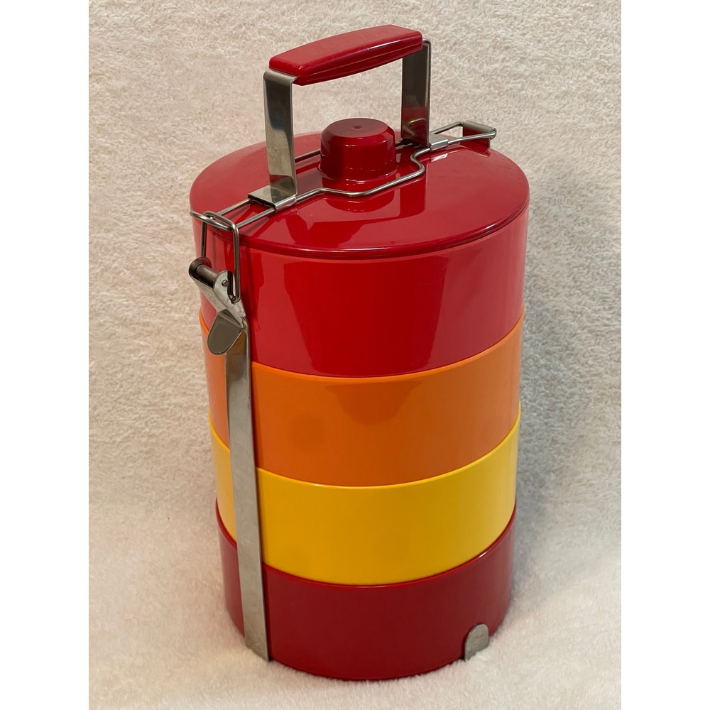 Vintage 4 Tier Stackable Tiffin Lunch Box Carrier Red Orange Yellow Stainless